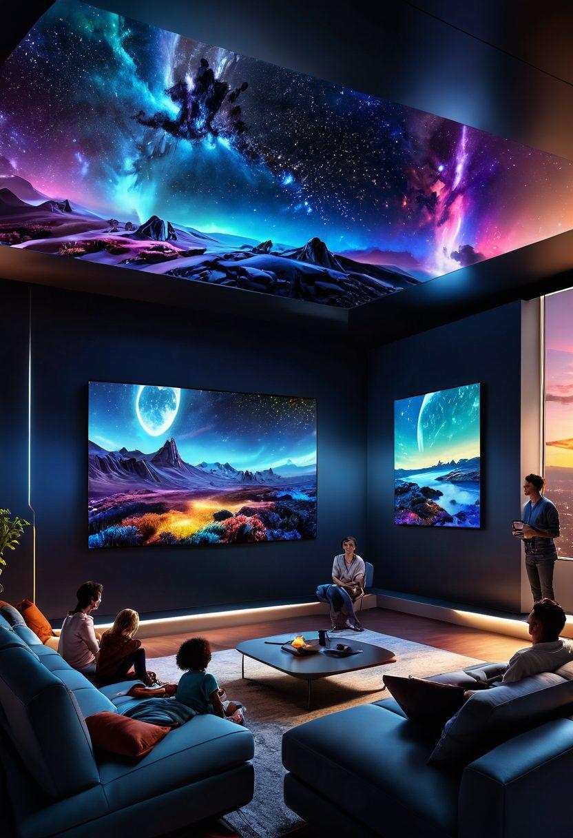 A futuristic living room filled with advanced multimedia devices displaying vibrant cinematic clips on large screens. People of diverse backgrounds enjoying immersive streaming experiences together, with holographic elements enhancing the atmosphere. A starry night sky visible through large windows, symbolizing endless possibilities. Bright color contrasts and dynamic light effects to convey excitement for the future of entertainment. super-realistic. vibrant colors. 3D.