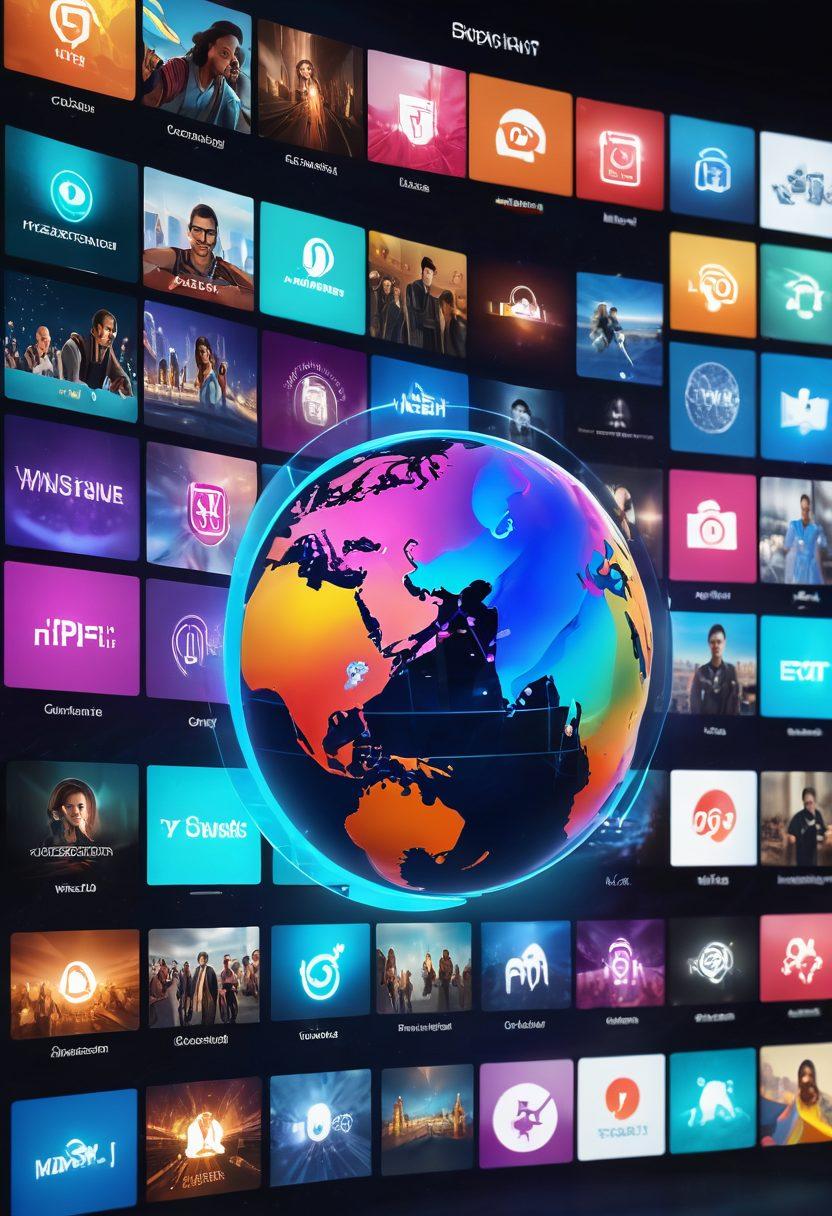 A dynamic and futuristic video streaming platform interface showcasing a diverse group of content creators interacting with their audience through holographic displays, vibrant video thumbnails, and animated icons representing various media types. Include elements like a digital globe symbolizing global connectivity and innovative technology, with a rich color palette to convey excitement and engagement. super-realistic. vibrant colors. 3D.