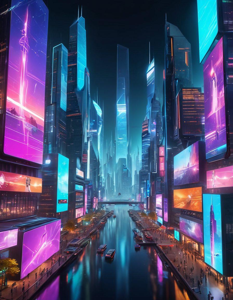 A futuristic city skyline with holographic video screens showcasing diverse multimedia content. Enthusiastic users engage with augmented reality interfaces, blending real-life and digital experiences. Vibrant colors illuminate the scene, emphasizing innovation and creativity. High-tech drones capture footage from above, symbolizing user-generated content evolution. cyberpunk. vibrant colors. super-realistic.